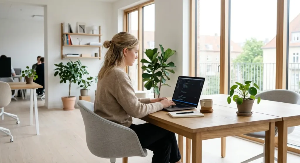 Moderne skandinavisk kontormiljø hvor en person arbejder på en bærbar computer med webhotel og hjemmeside